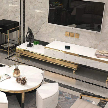 White TV Stand Tempered Glass Top Extendable Entertainment 3-Drawer Cabinet in Gold-Richsoul-Furniture,Living Room Furniture,TV Stands